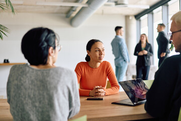 A diverse team of business professionals engaged in a discussion around a conference table in an...
