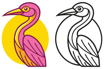 Pink and White Heron Bird Illustration with Yellow Sun Graphic Design