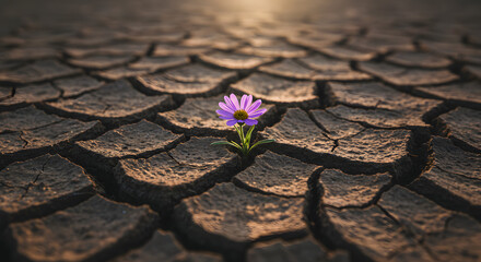 A Single Wildflower Growing Through Cracked Earth, Symbolizing Resilience and Beauty in Adversity