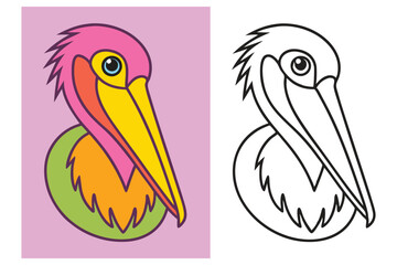 Vibrant Pelican Illustration with Coloring Page A Colorful and Simple Drawing of a Pelican Bird for Kids