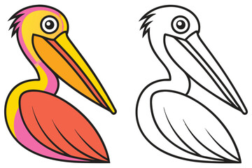 Colorful Pelican Illustration and its Outline Version for Coloring Pages a Fun Activity for Kids and Bird Enthusiasts