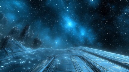 A futuristic landscape featuring celestial skies and artificial structures