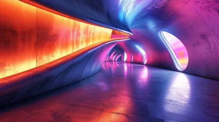 Obraz premium Futuristic neon tunnel interior, vibrant colors, smooth curves, architectural design