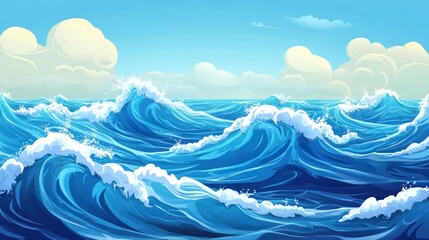 Ocean waves landscape, vivid, blue water, sunny day, nature scene, ideal for background, children's book illustration