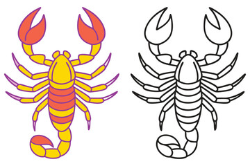 Fototapeta premium Two Colorful Illustrations of a Scorpion One in Yellow and Orange and One in Black and White