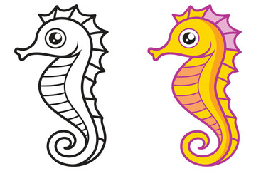 Adorable Cartoon Seahorse Coloring Page Illustration Black and Yellow ©  Design_ mn