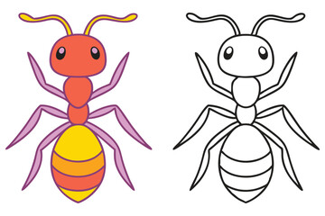 Adorable Cartoon Ant Illustration Coloring Page with Red Yellow and Purple Ant and Black and White Outline