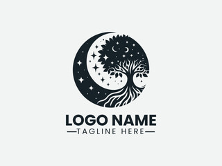 Nyepi Crescent Moon Banyan Tree Logo Design, Black Crescent Moon Nyepi Logo 