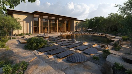 Fototapeta premium An elegantly designed hotel exterior with solar panel installations.