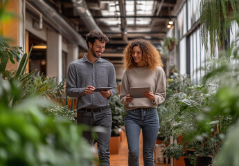  Young Professional Woman and Her Boss Smiling While Looking at an iPad – Walking Through a Glass Door in a Modern Office, Captured in a High-Quality, Professional Stock Photo Style