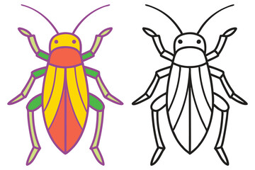 Colorful Insect Illustration and Outline Drawing for Coloring Book Pages