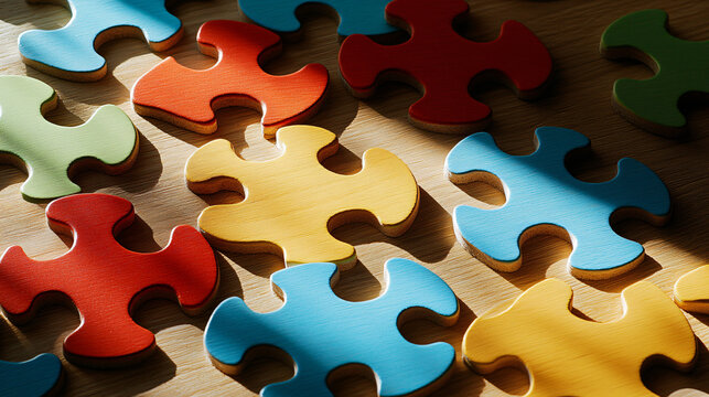 Colorful interlocking puzzle pieces in a variety of shapes and sizes creating a vibrant collaborative and creative visual experience.