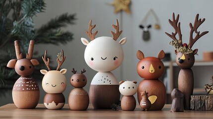 Obraz premium A collection of handcrafted wooden animal figurines made from rubberwood.