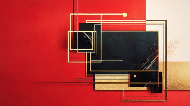 Abstract geometric shapes, red and gold background, art design
