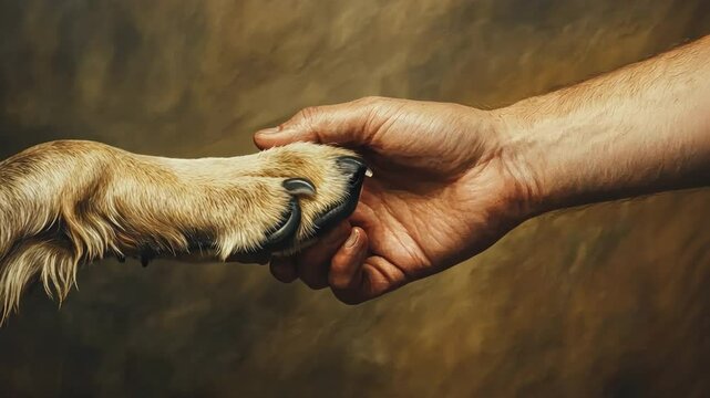 Heartfelt Bond: A poignant image of a human hand tenderly touching a dog's paw, symbolizing companionship, love, and the unbreakable connection between humans and their canine friends. 
