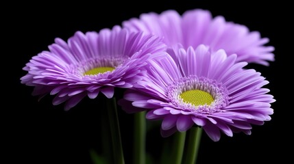 Obraz premium Close-up of three delicate, light purple gerbera daisies against a black background. The flowers' petals display a soft texture. The centers have a bright yellow disc