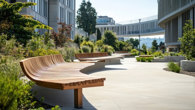 Outdoor seating area with curved wooden benches in a modern campus setting