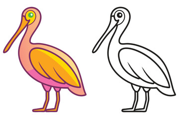 Adorable Cartoon Eurasian Spoonbill Illustration Colorful and Line Art Versions Bird