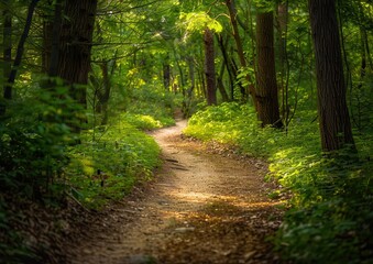 Obraz premium Sunlit forest path winding through lush green trees and foliage.