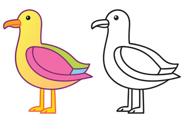 Colorful Bird Illustration and Outline for Coloring Pages  Kids Activity Book Seagull Drawing