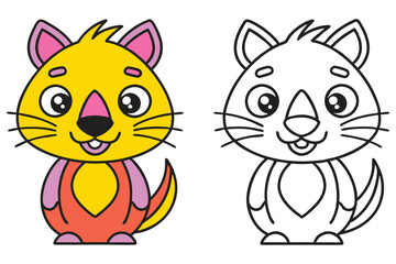 Adorable Cartoon Cat Coloring Page for Kids Featuring a Cute Yellow and Orange Kitten with Big Eyes and a Happy Expression