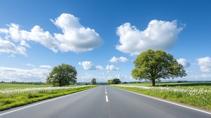 Spring flora journey through nature's open road scenic landscape bright sky tranquil view