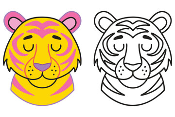 Adorable Cartoon Tiger Head Coloring Page Illustration Two Versions Yellow Pink and Black White