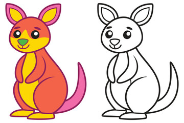 Adorable Cartoon Kangaroo Illustration Coloring Page for Kids Featuring a Cute Marsupial