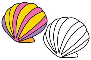 Colorful Seashell and Outline Drawing for Kids Coloring Book Pages Summer Beach Theme