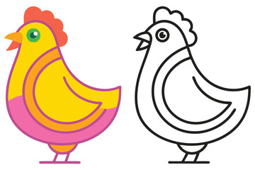 Colorful Hen Illustration with Line Art Version for Kids Activities Book Coloring Pages