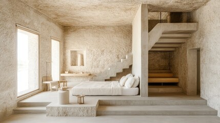 A minimalistic hotel suite designed with sustainable materials.