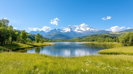 Spring flora action scenic nature lake view with flowers in mountains