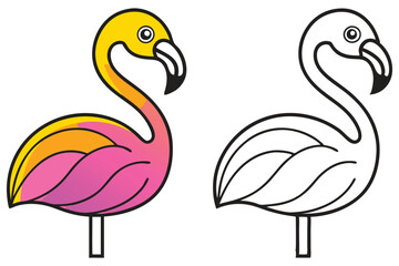Pink and Yellow Flamingo Illustration with Coloring Page Option Bird Tropical Animal Summer Beach Vacation Cute Cartoon Drawing