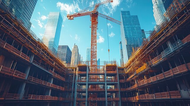 Urban Construction Site with Crane, Skyscrapers, and Scaffolding.  Possible use Architectural Portfolio