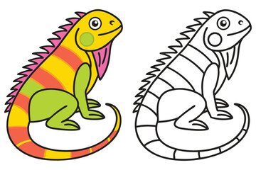 Colorful Iguana Illustration with Coloring Page Option for Kids Learning Activities