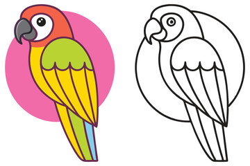 Vibrant Parrot Illustration with Coloring Page Option Bird Tropical Animal Cartoon Colorful Feathers Winged Creature