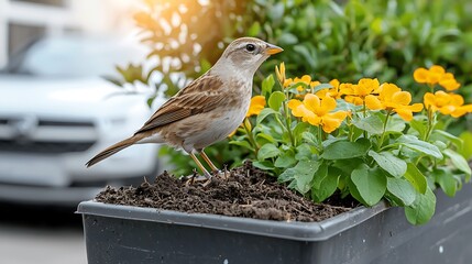 Naklejka premium Bird among vibrant spring flora nature scene urban garden lively environment close-up view