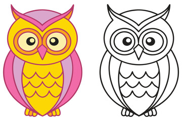 Adorable Cartoon Owl Coloring Page Illustration Featuring a Cute Yellow and Pink Owl and its Black and White Outline Version