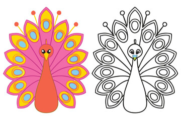 Adorable Cartoon Peacock Coloring Page Illustration Featuring Pink and Yellow Feathers
