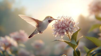 Hummingbird feeding on spring flowers nature scene flora beauty soft light