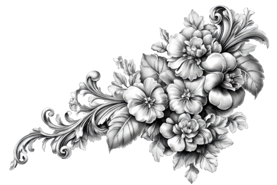 Elegant floral arrangement with ornate silver scrollwork black background isolated on transparent background