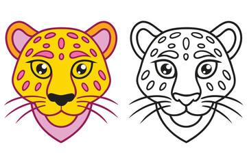 Adorable Cartoon Leopard Head Coloring Page Illustration for Kids Featuring a Cute Yellow and Pink Leopard and a Black and White Outline Version