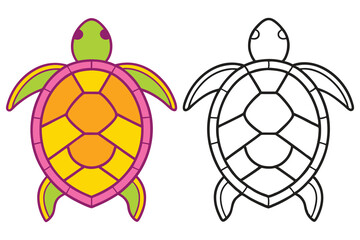 Colorful Turtle Illustration with Coloring Page Option Sea Animal Design for Kids Activities