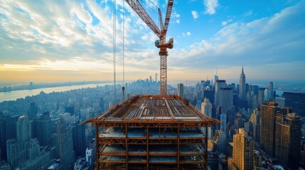 NYC Skyscraper Construction Crane Sunset Cityscape