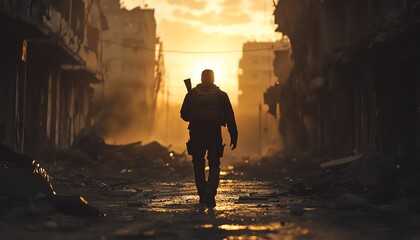 Fototapeta premium Silhouette of a soldier walking through a war-torn city at sunset. Desolation, conflict, and hope are depicted.