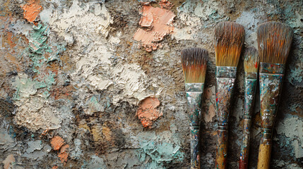 Colorful layered paint brushes resting on a wall with creative splashes of paint showcasing the artistic process and tools of a painter.