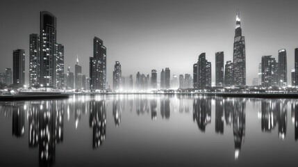 Fototapeta premium City skyline at night reflected in water. Urban landscape. Possible use Stock photo