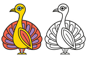 Adorable Cartoon Turkey Illustration Coloring Page Two Versions