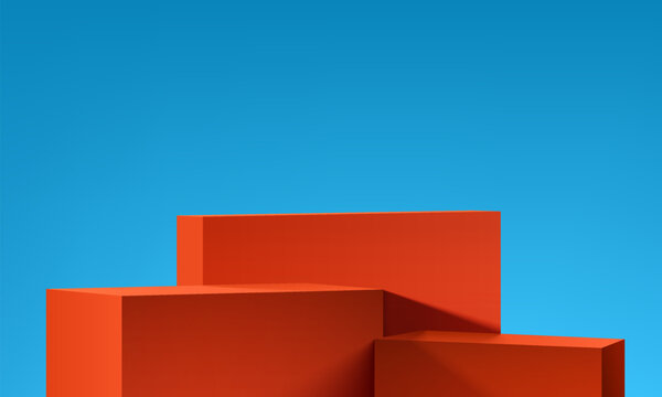 Fototapeta Orange 3D cubes box set podium background with summer blue empty wall scene. Minimalist studio mockup pedestal. Abstract stand product display presentation, Stage for showcase. Vector platform design.