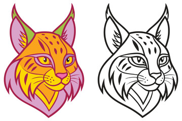 Vibrant Lynx Head Illustration with Coloring Page Version a Detailed Artistic Depiction of a Wild Cat